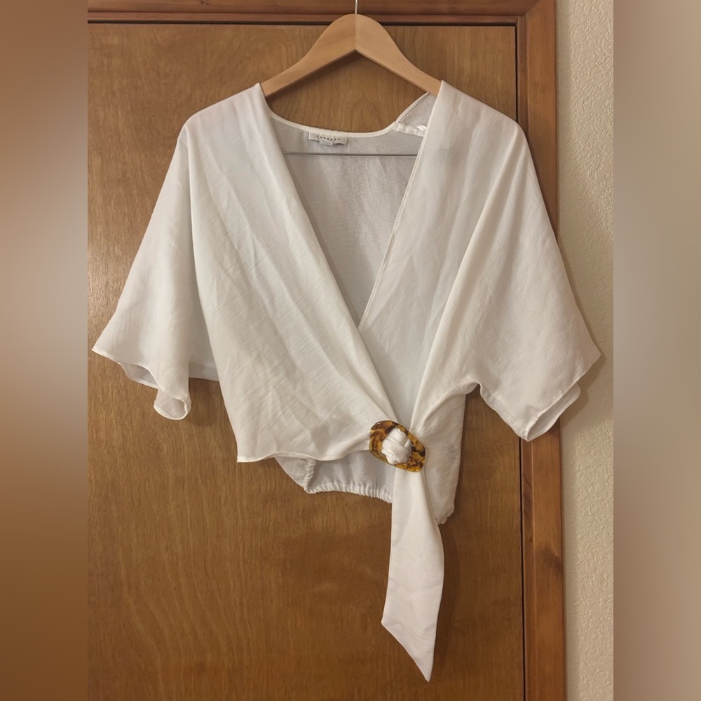 Topshop Ivory Wrap Short Sleeve Blouse with Tortoiseshell Ring